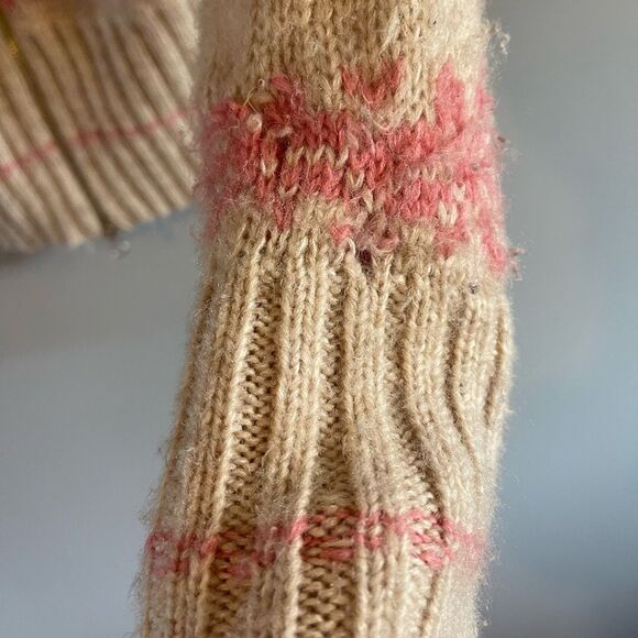 Free People Fair Isle Nordic Alpine Wool Blend Sweater Tan/Pink | SZ M - Picture 7 of 13